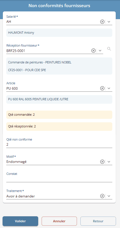 Saisie sur mobile d'une non conformité fournisseur